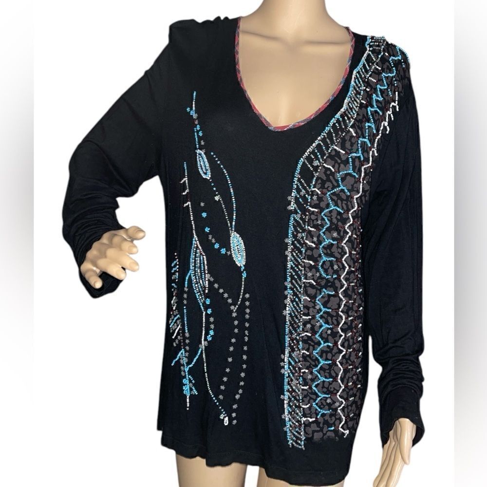 CHICO'S Southwest Boho WOMEN'S SHIRT BLOUSE V-NECK Tunic Black Beaded SZ 3